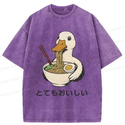 Tokyo-Tiger Goose Eating Delicious Ramen Washed T-Shirt