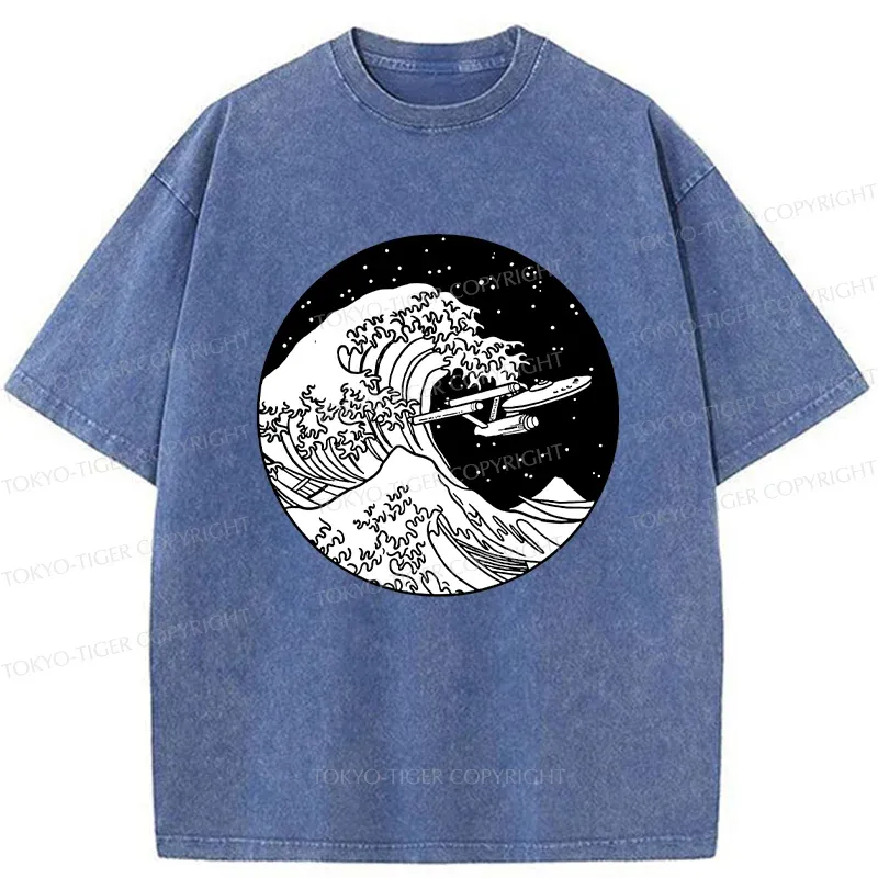 Tokyo-Tiger Waves and Spaceship Washed T-Shirt