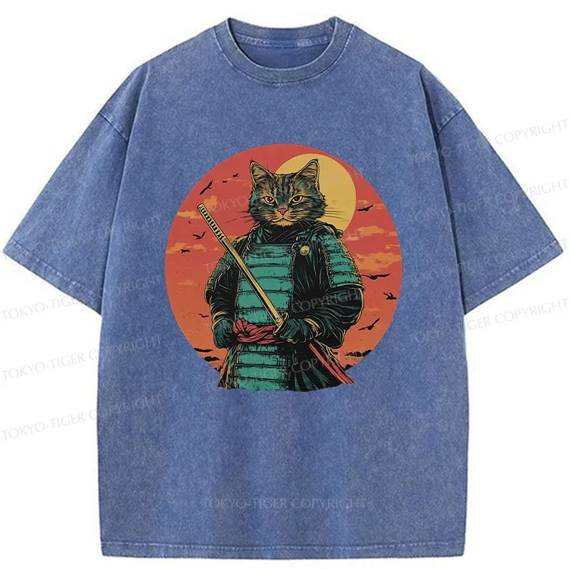 Tokyo-Tiger Handsome Cat Samurai Washed T-Shirt