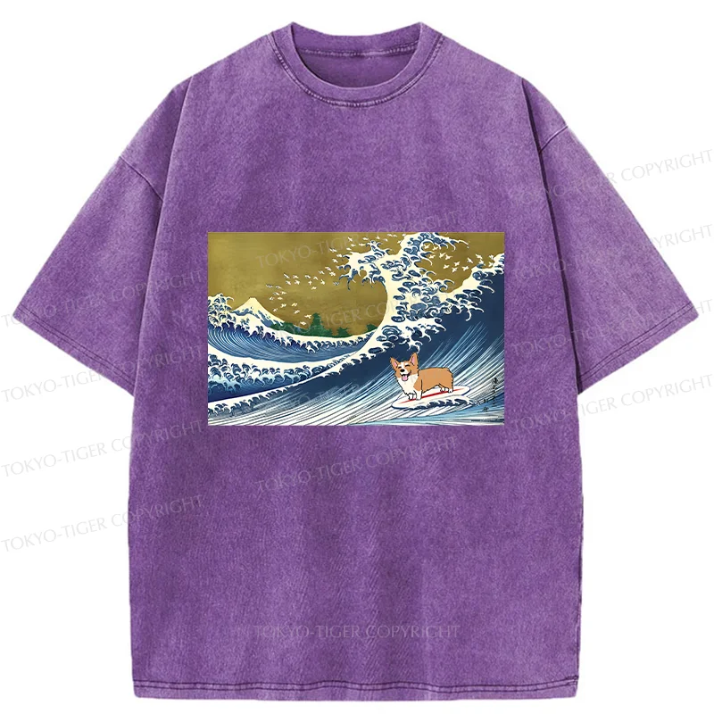 Tokyo-Tiger Corgi Surfing Washed T-Shirt
