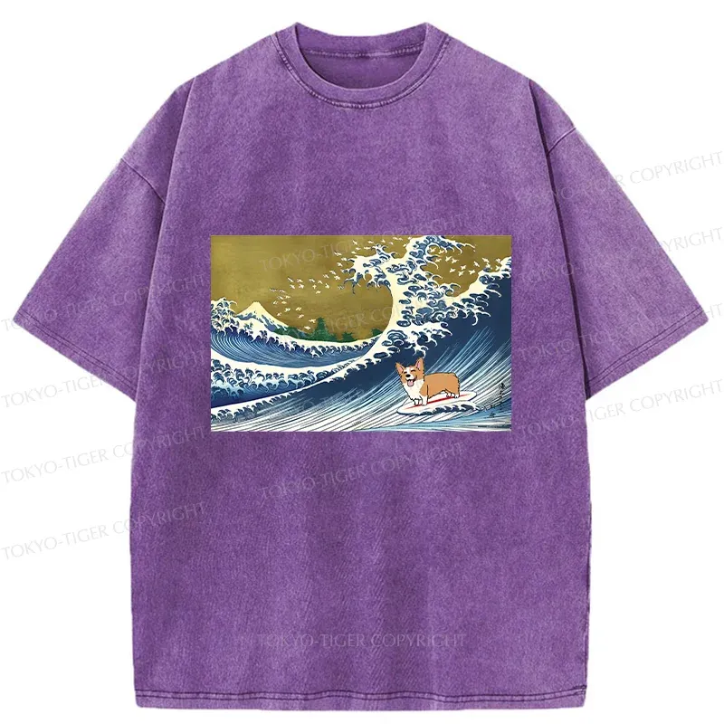 Tokyo-Tiger Corgi Surfing Washed T-Shirt