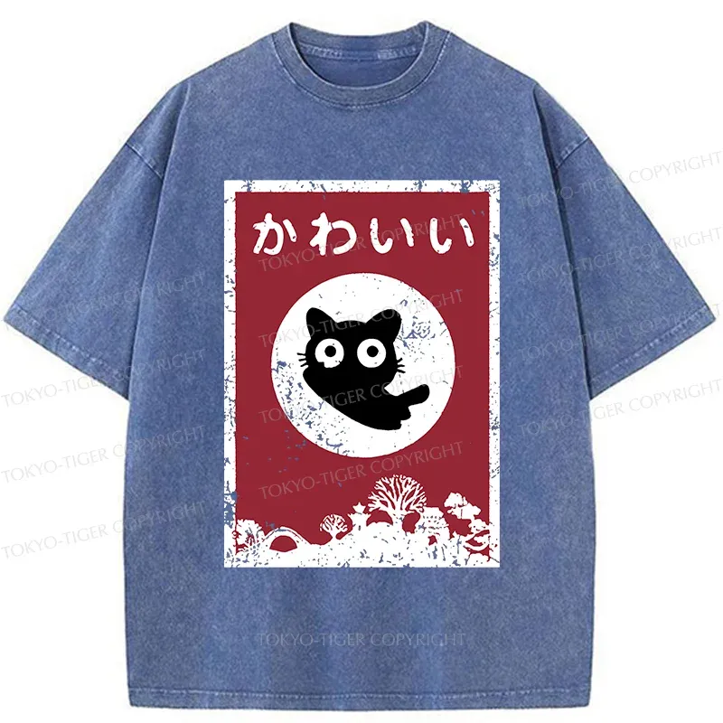 Tokyo-Tiger Cute Black Cat Washed T-Shirt