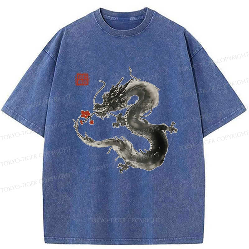 Tokyo-Tiger Dragon Holding A Flower Washed T-Shirt