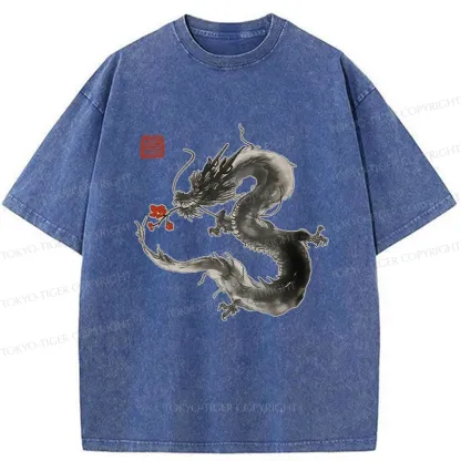 Tokyo-Tiger Dragon Holding A Flower Washed T-Shirt