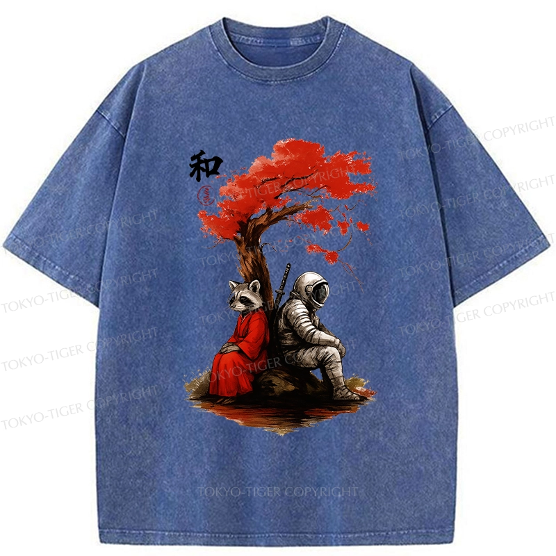 Tokyo-Tiger Raccoon And Astronaut By Tree Washed T-Shirt