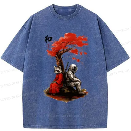 Tokyo-Tiger Raccoon And Astronaut By Tree Washed T-Shirt