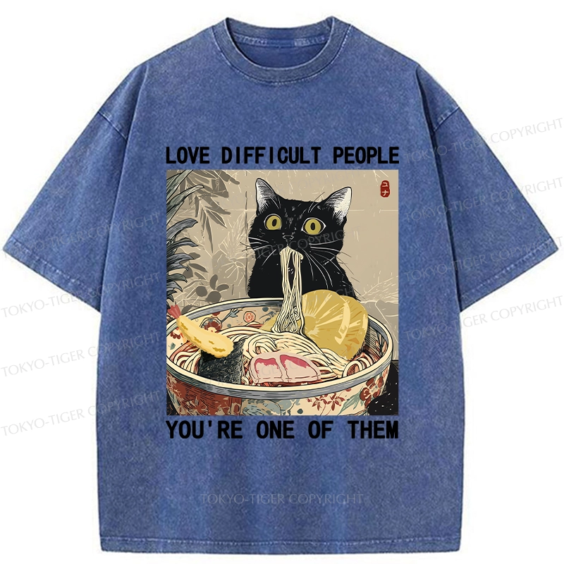 Tokyo-Tiger Kawaii Cat Eating Ramen Washed T-Shirt