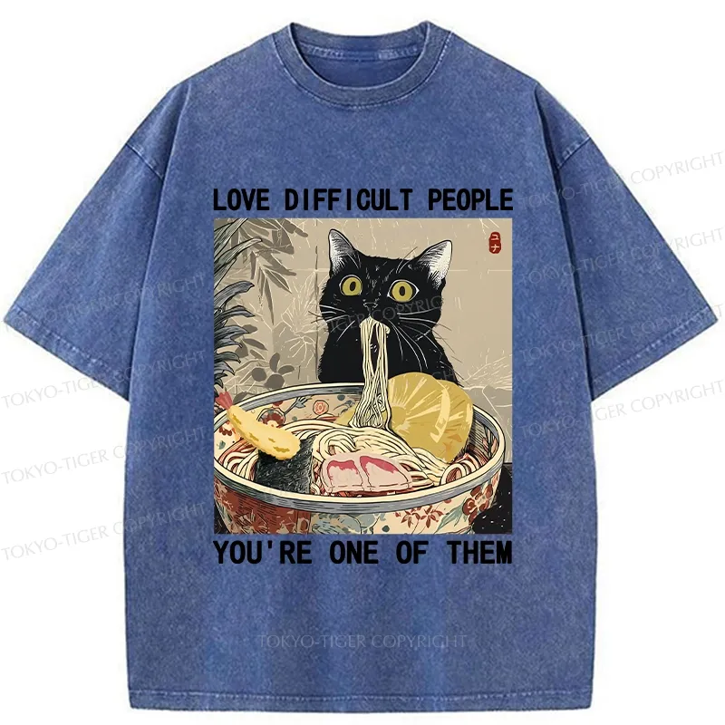 Tokyo-Tiger Kawaii Cat Eating Ramen Washed T-Shirt