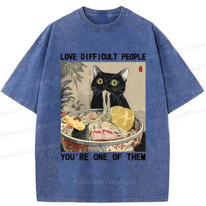 Tokyo-Tiger Kawaii Cat Eating Ramen Washed T-Shirt