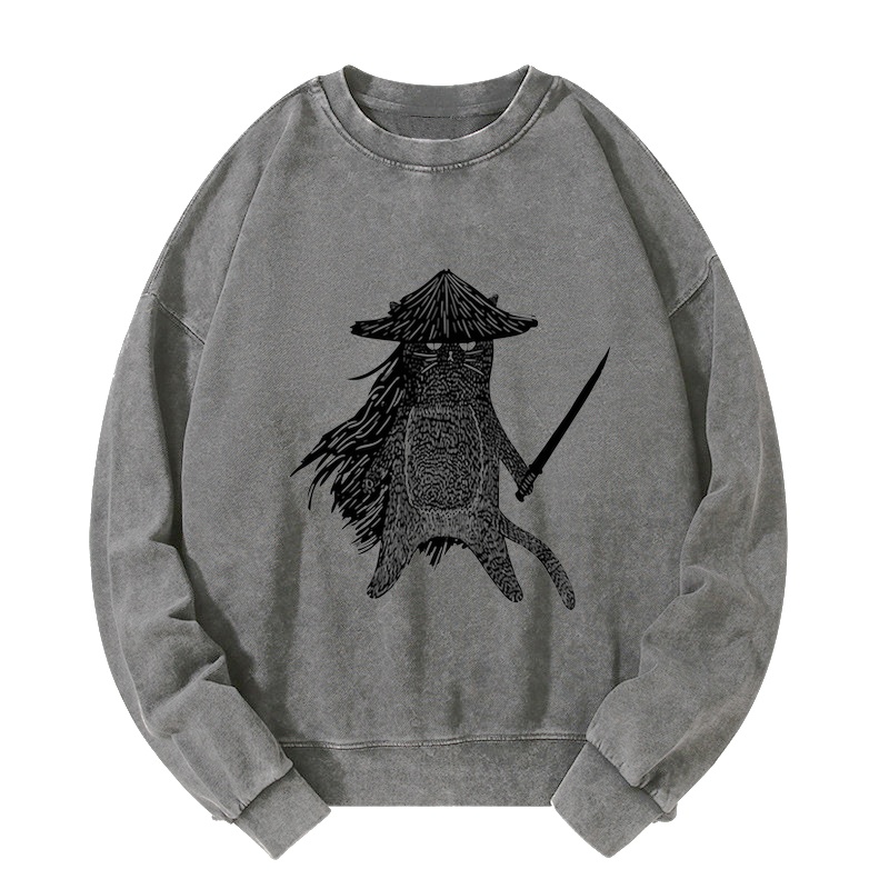 Tokyo-Tiger Japanese Samurai Cat Washed Sweatshirt