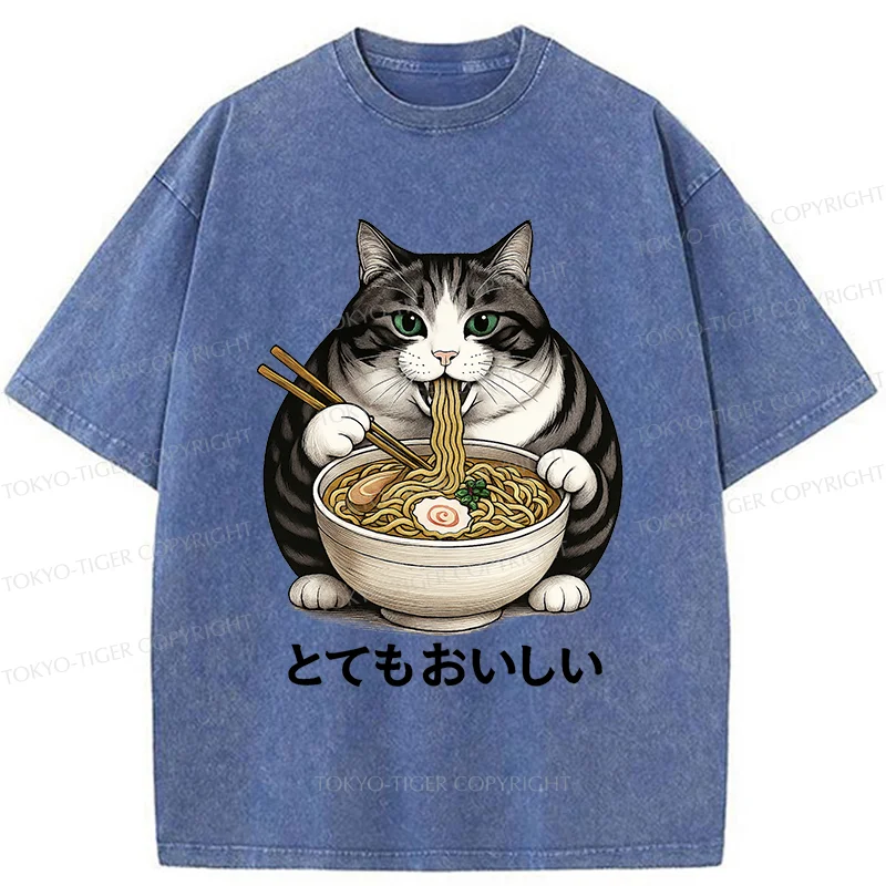 Tokyo-Tiger Fat Cat Eating Delicious Ramen Washed T-Shirt
