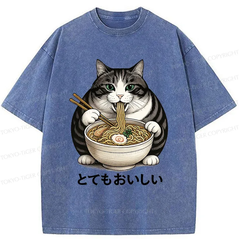 Tokyo-Tiger Fat Cat Eating Delicious Ramen Washed T-Shirt