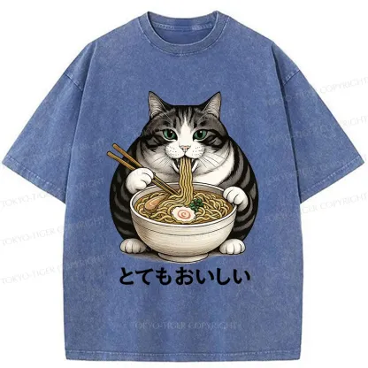 Tokyo-Tiger Fat Cat Eating Delicious Ramen Washed T-Shirt