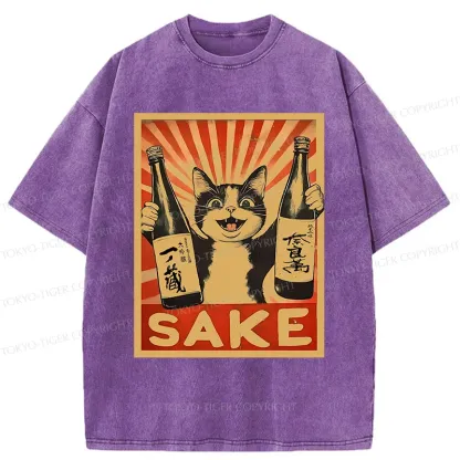 Tokyo-Tiger Cat Holding Wine Washed T-Shirt
