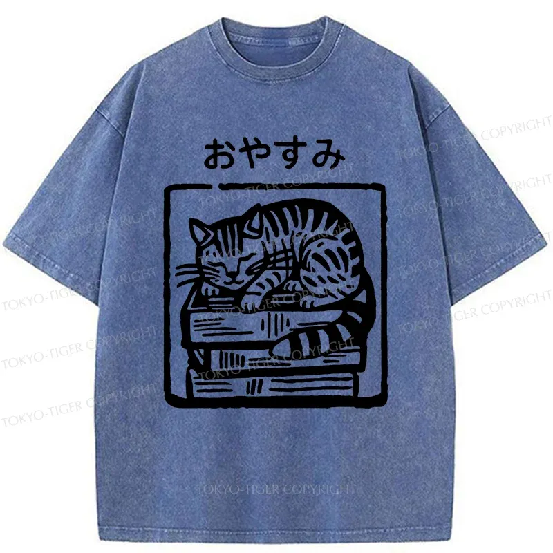 Tokyo-Tiger Cat Sleeping On The Bookshelf Washed T-Shirt
