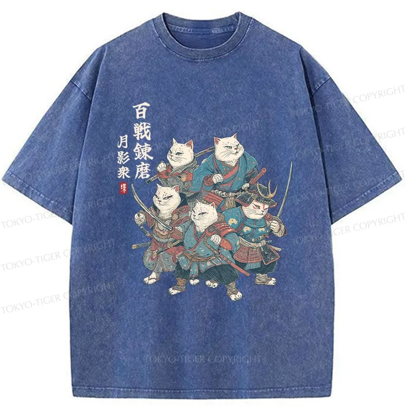 Tokyo-Tiger Five Cat Samurai Washed T-Shirt