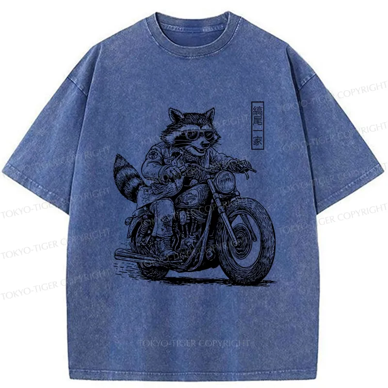 Tokyo-Tiger Raccoon Riding A Motorcycle Washed T-Shirt