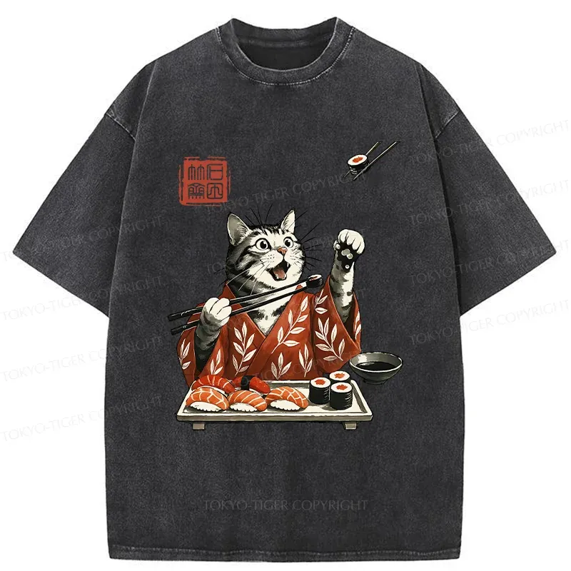 Tokyo-Tiger American Shorthair Cat Eating Sushi Washed T-Shirt