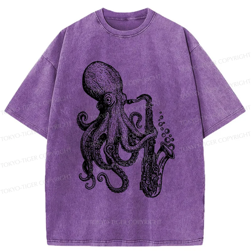 Tokyo-Tiger Octopus Playing Saxophone Washed T-Shirt