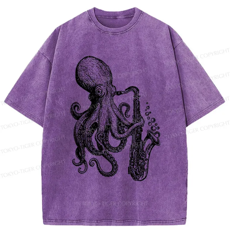 Tokyo-Tiger Octopus Playing Saxophone Washed T-Shirt
