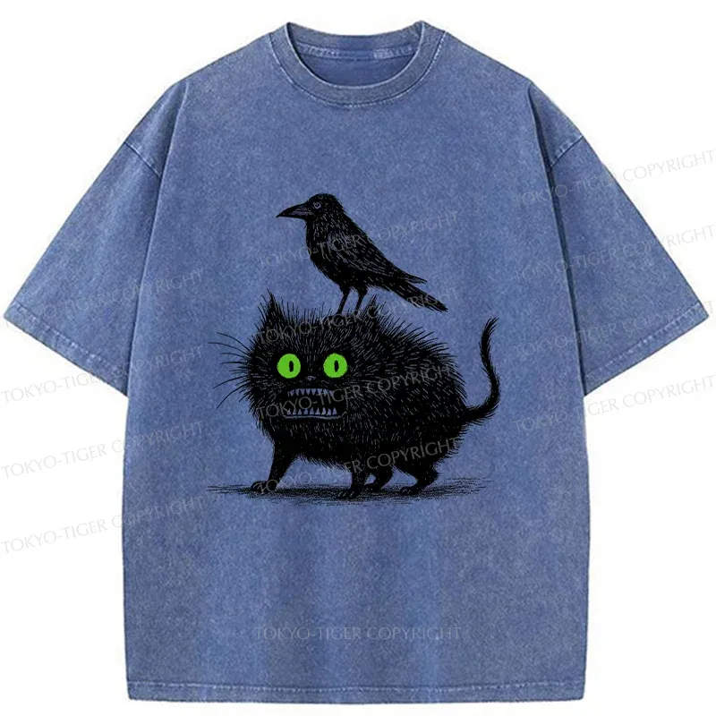 Tokyo-Tiger Crow And Black Cat Washed T-Shirt