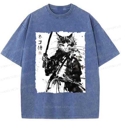 Tokyo-Tiger Ink Painting Cat Samurai Washed T-Shirt