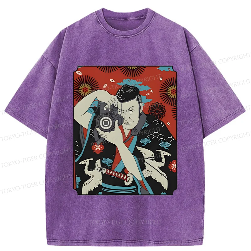 Tokyo-Tiger Samurai Photographer Washed T-Shirt