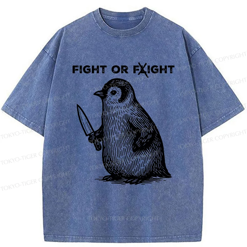 Tokyo-Tiger Funny Fight Or Flight Penguin Washed T-Shirt