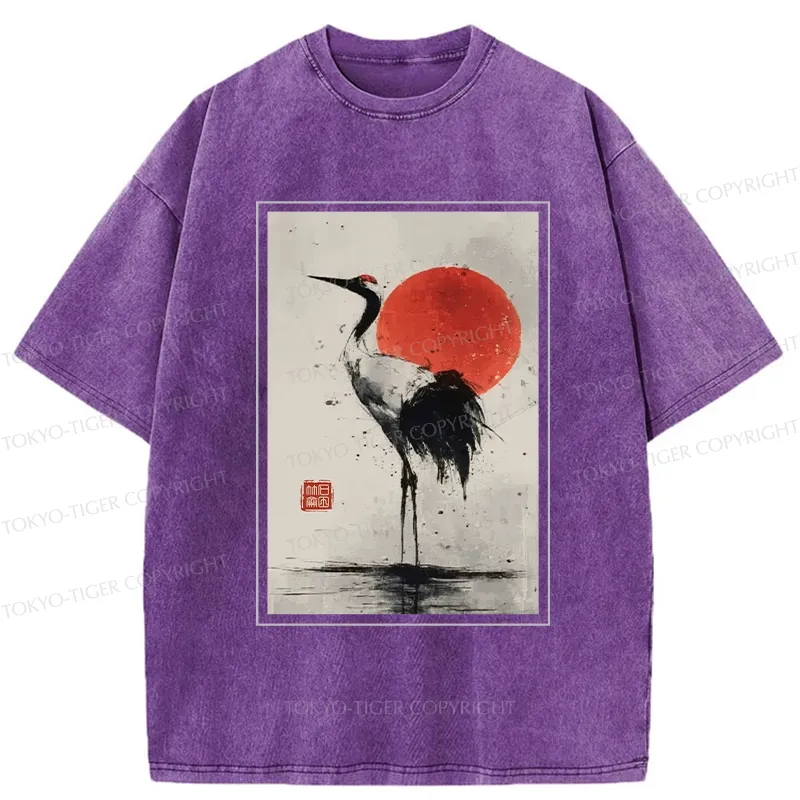 Tokyo-Tiger Retro Japanese Red-crowned Crane Washed T-Shirt