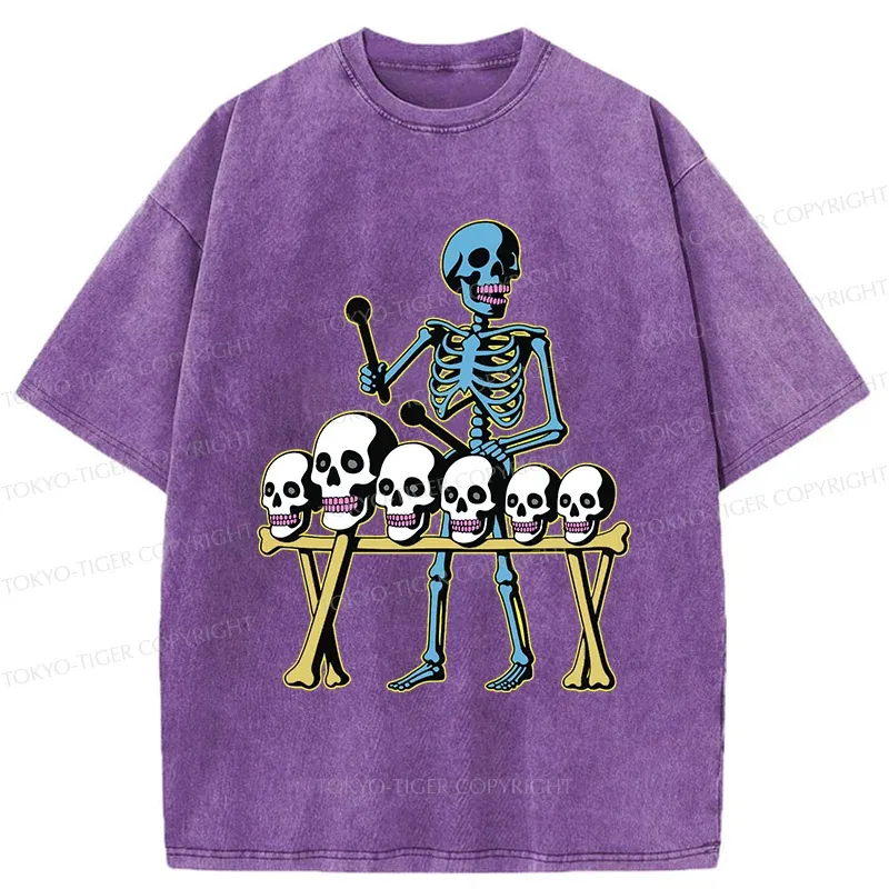 Tokyo-Tiger Skeleton Playing Bone Piano Washed T-Shirt