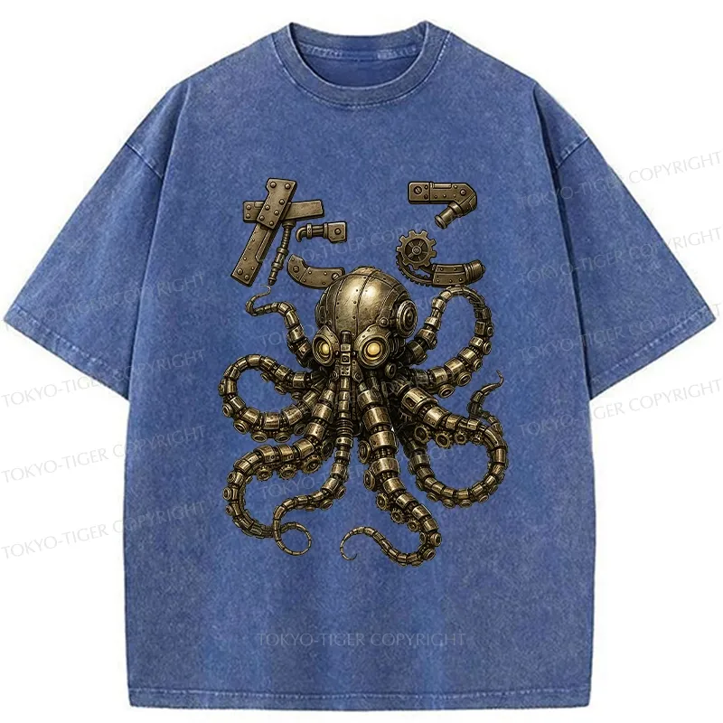 Tokyo-Tiger Mechanical Octopus Washed T-Shirt