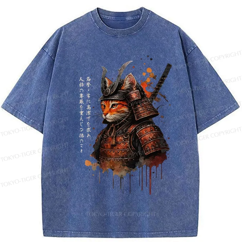 Tokyo-Tiger Vintage Samurai Cat Washed T-Shirt