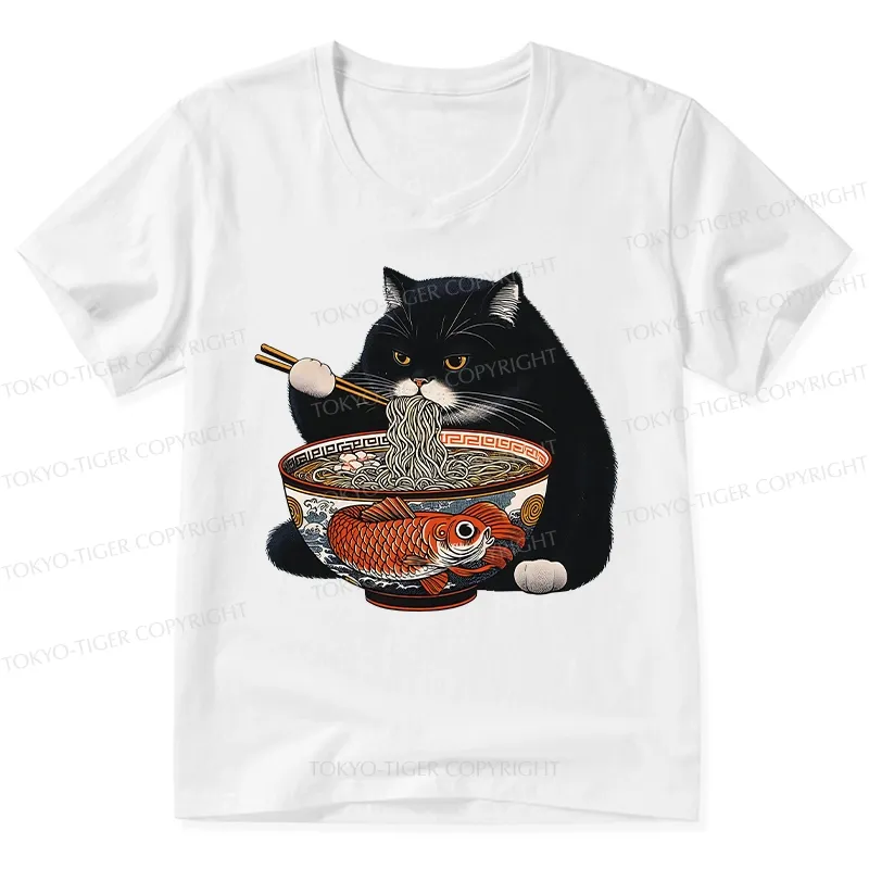 Tokyo-Tiger Fat Cat Eating Ramen V-Neck Classic T-Shirt