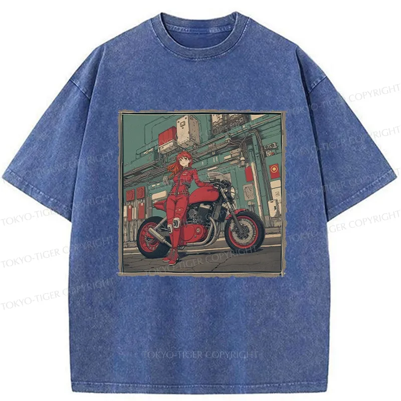Tokyo-Tiger Cool Motorcycle Girl Washed T-Shirt
