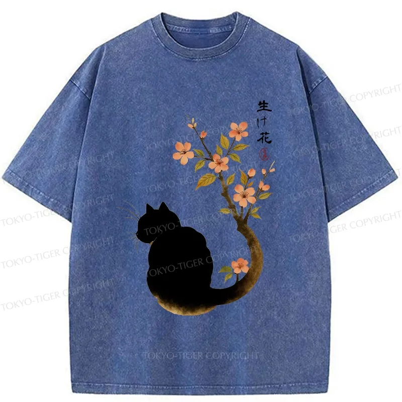 Tokyo-Tiger Retro Cat Tail Flowers Washed T-Shirt