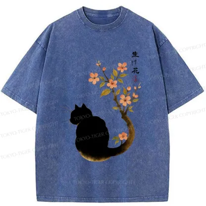 Tokyo-Tiger Retro Cat Tail Flowers Washed T-Shirt
