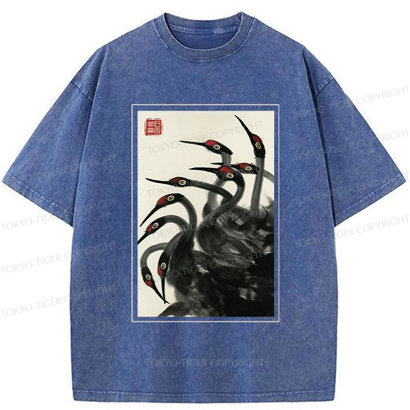 Tokyo-Tiger Retro Red Crowned Crane Washed T-Shirt