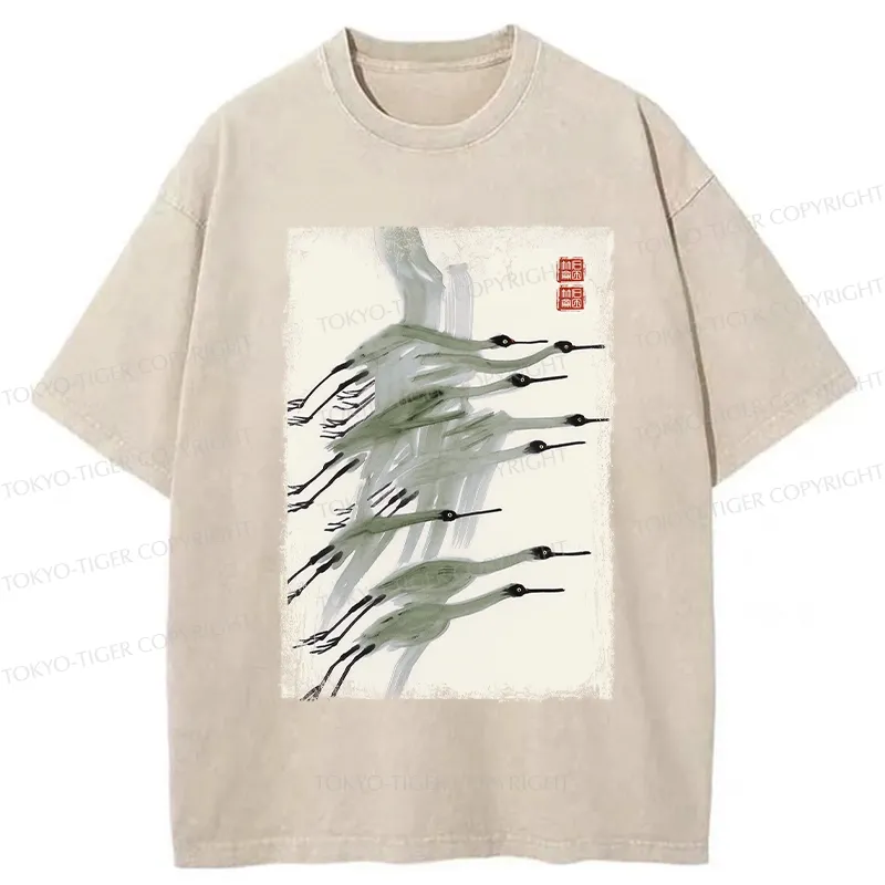 Tokyo-Tiger Flock of Cranes in Flight Washed T-Shirt