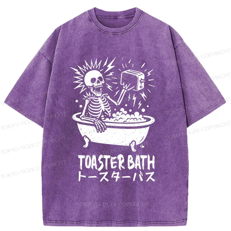Tokyo-Tiger Funny Skeleton Taking A Bath Washed T-Shirt