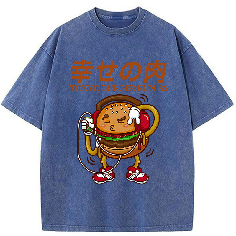Tokyo-Tiger Funny Burger Listen To Music Washed T-Shirt