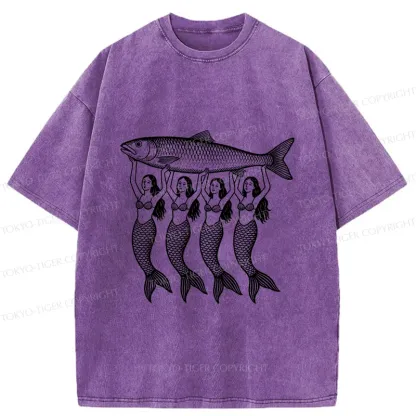 Tokyo-Tiger Mermaids Holding Fish Washed T-Shirt