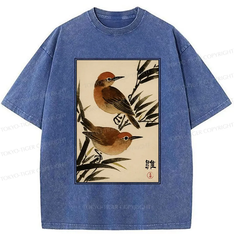 Tokyo-Tiger Sparrows Among Bamboo Washed T-Shirt