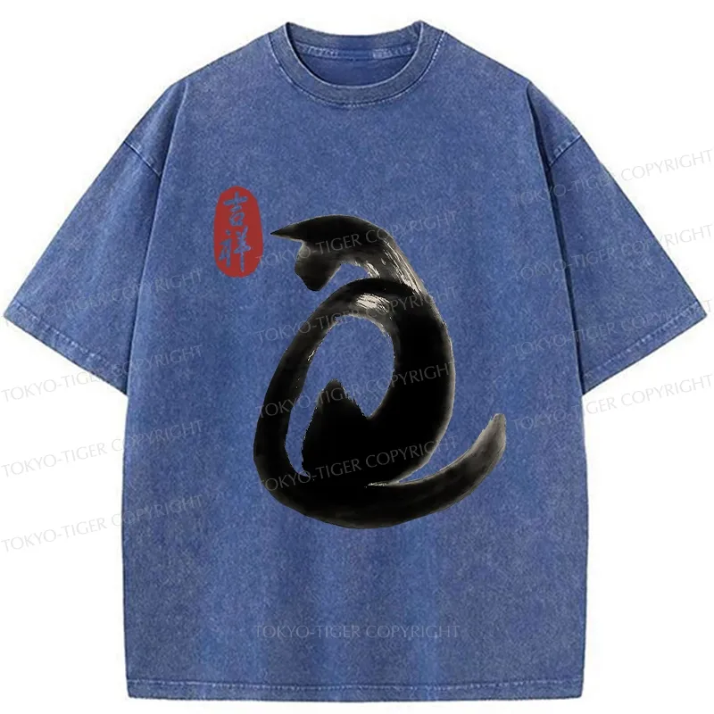 Tokyo-Tiger Vintage Ink Cat Washed T-Shirt