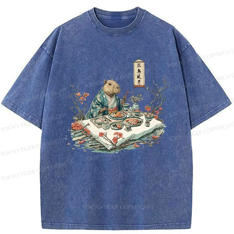 Tokyo-Tiger Capybara Enjoying Sushi Feast Washed T-Shirt