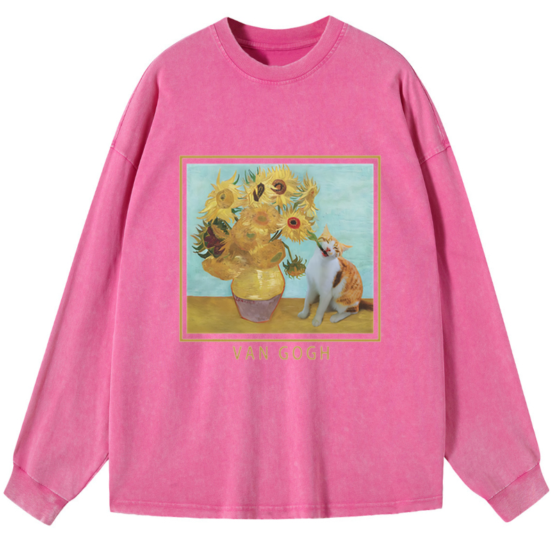 Tokyo-Tiger Naughty Cat Biting Sunflower Washed Long Sleeve T-Shirt