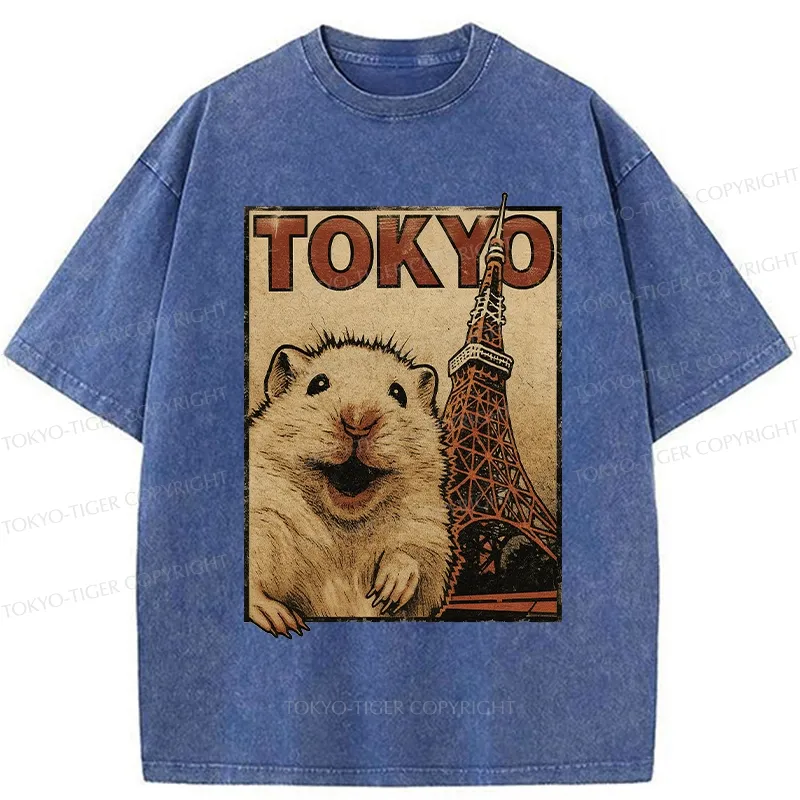 Tokyo-Tiger Happy Hamster Under Tokyo Tower Washed T-Shirt