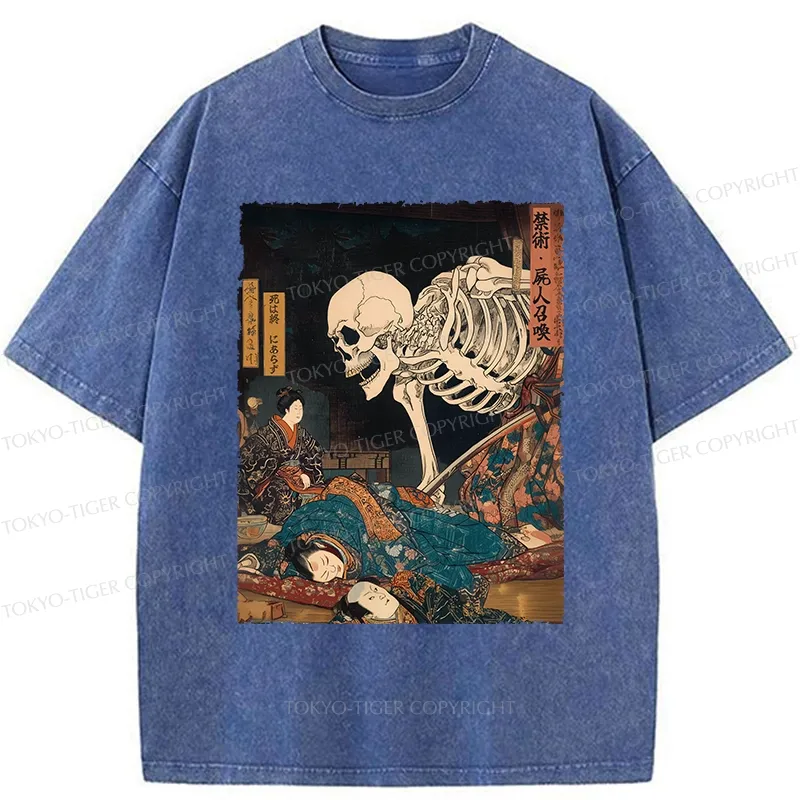 Tokyo-Tiger Ukiyoe Skeleton Yokai Washed T-Shirt