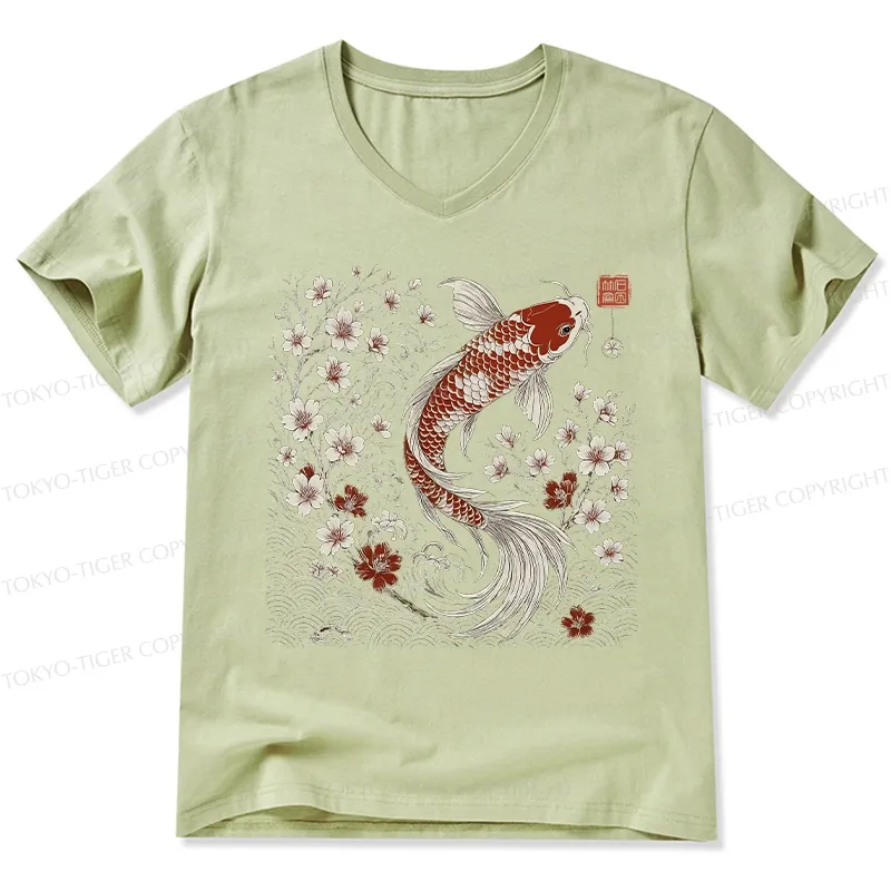 Tokyo-Tiger Vintage Sakura And Koi V-Neck Classic T-Shirt