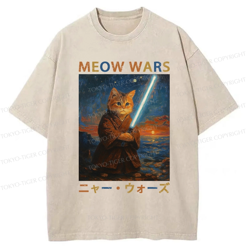 Tokyo-Tiger Funny Meow Wars Washed T-Shirt