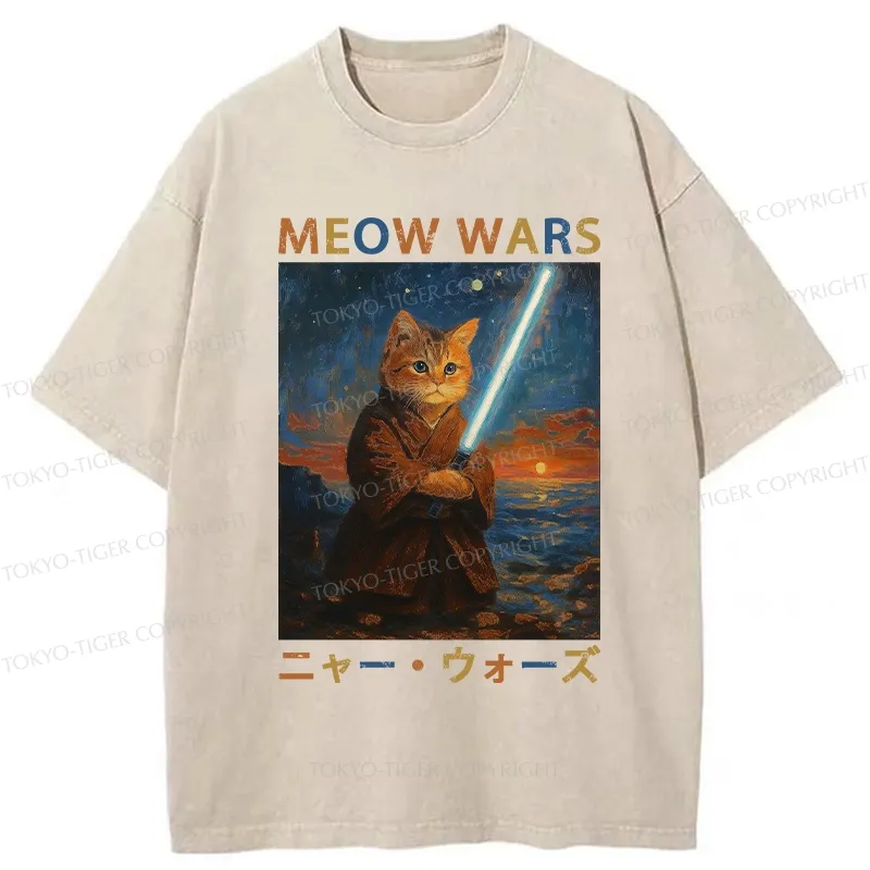 Tokyo-Tiger Funny Meow Wars Washed T-Shirt
